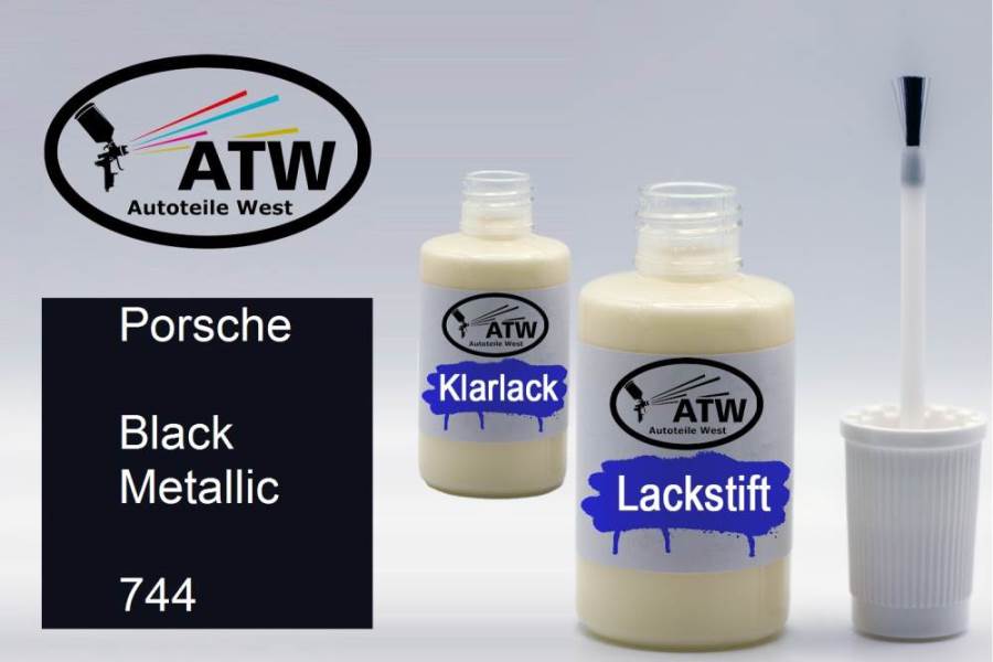 Porsche, Black Metallic, 744: 20ml Lackstift + 20ml Klarlack - Set, von ATW Autoteile West.